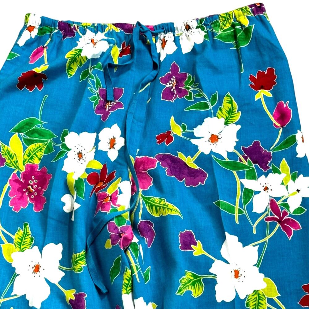 CAROLE LITTLE Women's Large Linen Drawstring Pull On Pants Blue Floral Tropical‎